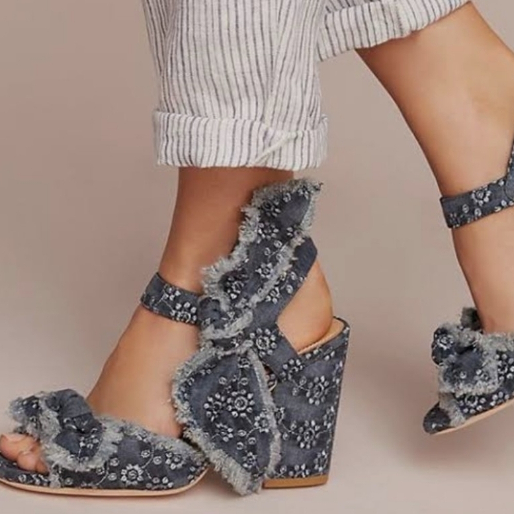 Anthropologie Bill Blass Carmen Denim Bow Block Heel Sandals - 8 - Picture 4 of 6